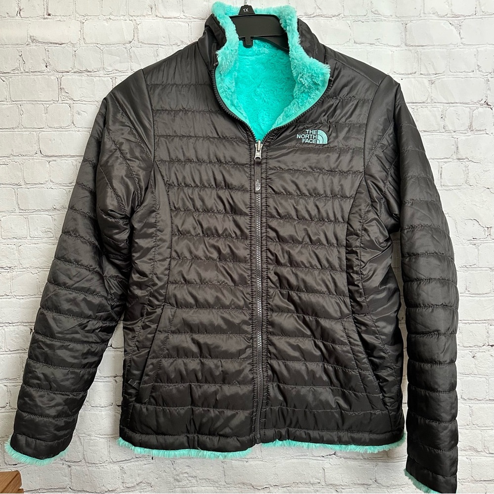 The North Face Girl Size XL 18 Reversible Mossbud Swirl Winter Jacket Black Teal